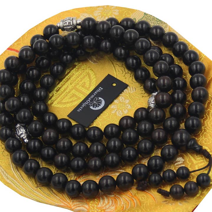 Lungta Imports - Wholesale Prayer beads necklace - Tibetan Mala Buddhist Prayer Beads Rosary Ebony Wood With Silver Spacers Free Silk Pouch1