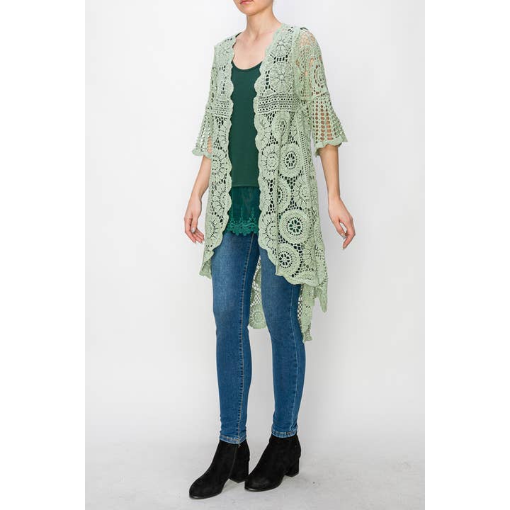 High-low Crochet Cardigan With Scalloped Edges 4514 SAGE for wholesale by Origami Apparel ~ Lace and Crochet inspired