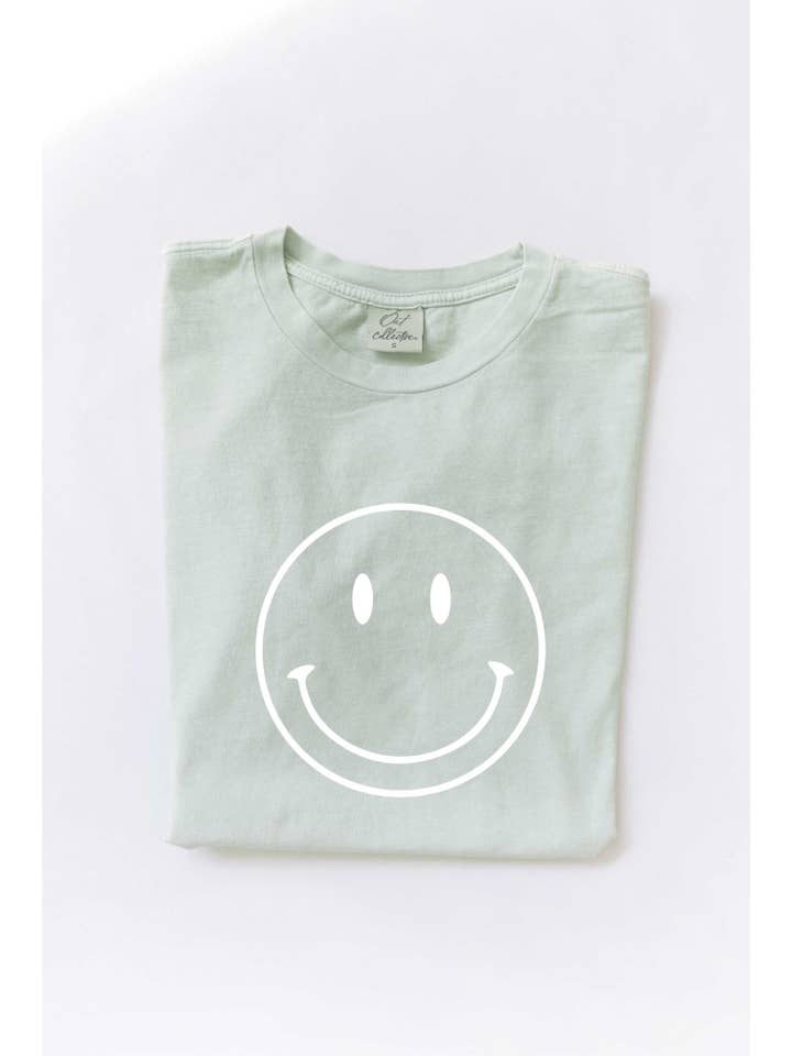 OAT COLLECTIVE - Wholesale Screen Printed T-Shirt - Women's - Smiley Face Mineral Washed Graphic Top - Made to Order