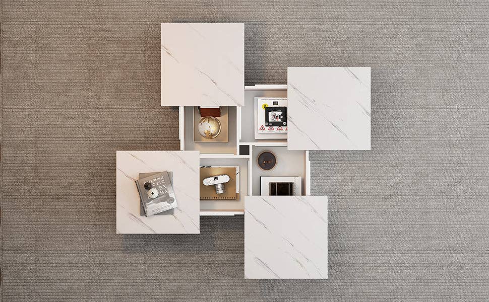 Urban Meuble - Wholesale Side Table - Modern white square coffee table with marble effect, 4 drawers, sliding top 90x90x25cm KHEKRIED50
