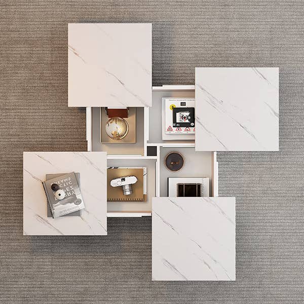 Urban Meuble - Wholesale Side Table - Modern white square coffee table with marble effect, 4 drawers, sliding top 90x90x25cm KHEKRIED50
