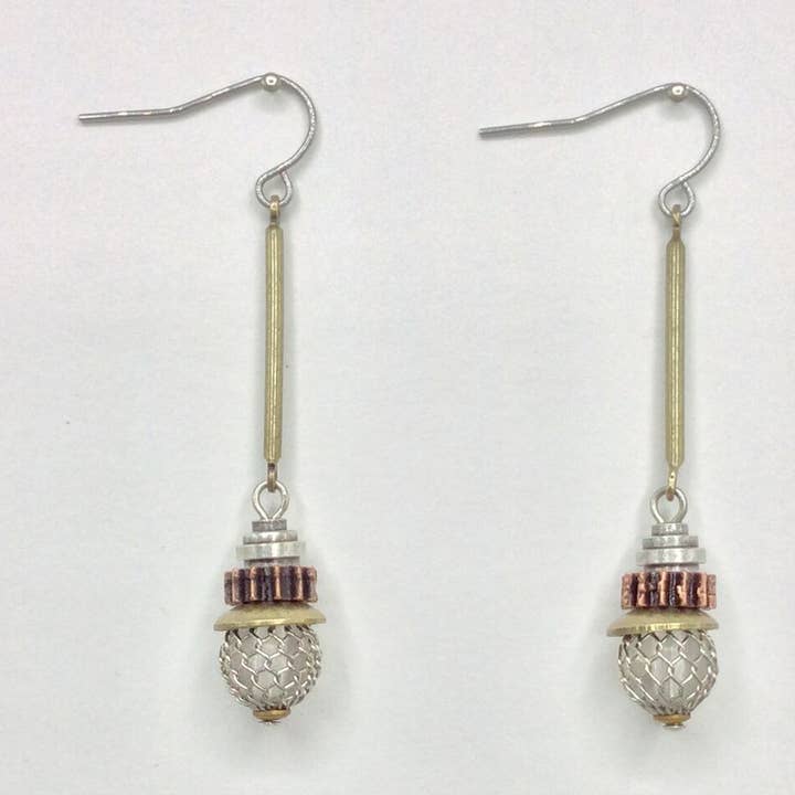 Mixed Metal Mesh Ball Dangle Earrings - 3296 for wholesale by Alchemy Inc