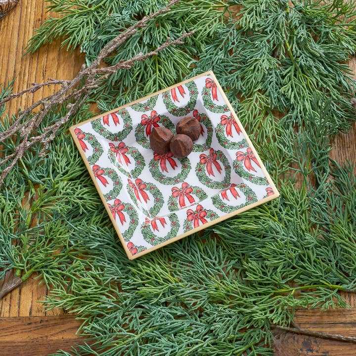 Red Green Holly Wreath Bow Enameled Tori Trinket Tray for wholesale on Faire1