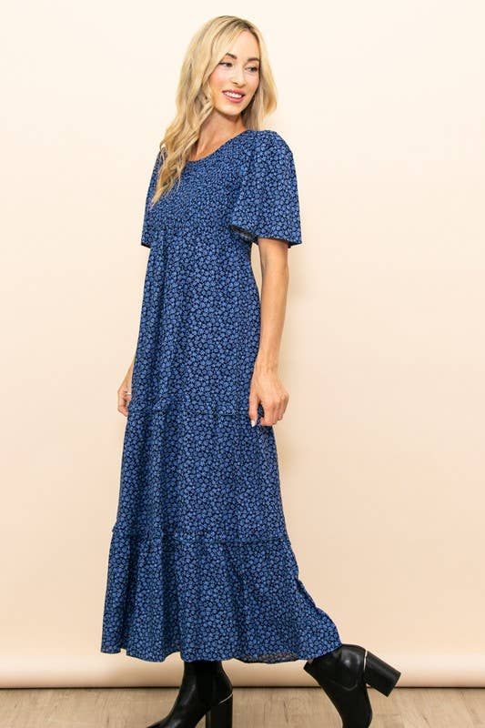 Elloh Collection - Wholesale Dress - Women's - Flutter Sleeve Smocked Flared Floral Maxi Dress w Pockets4