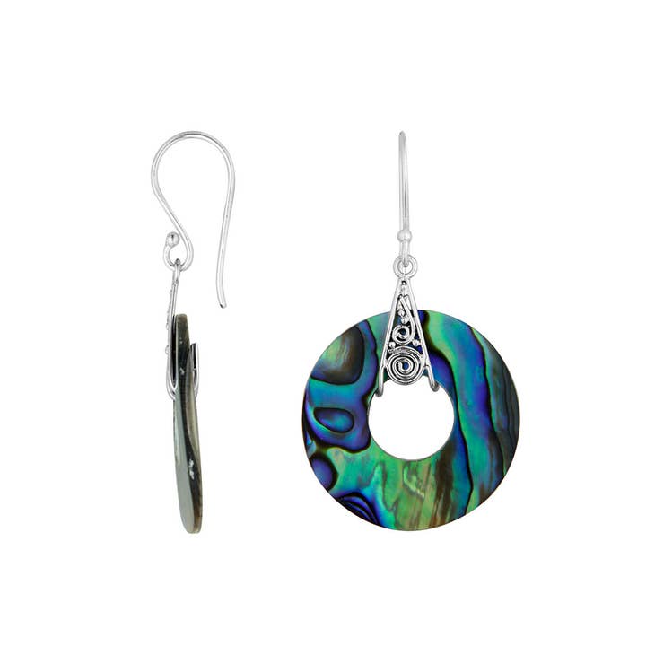 AE-1153-AB Sterling Silver Abalone Shell Round Pattern Dangle Earrings for wholesale by Bali Designs