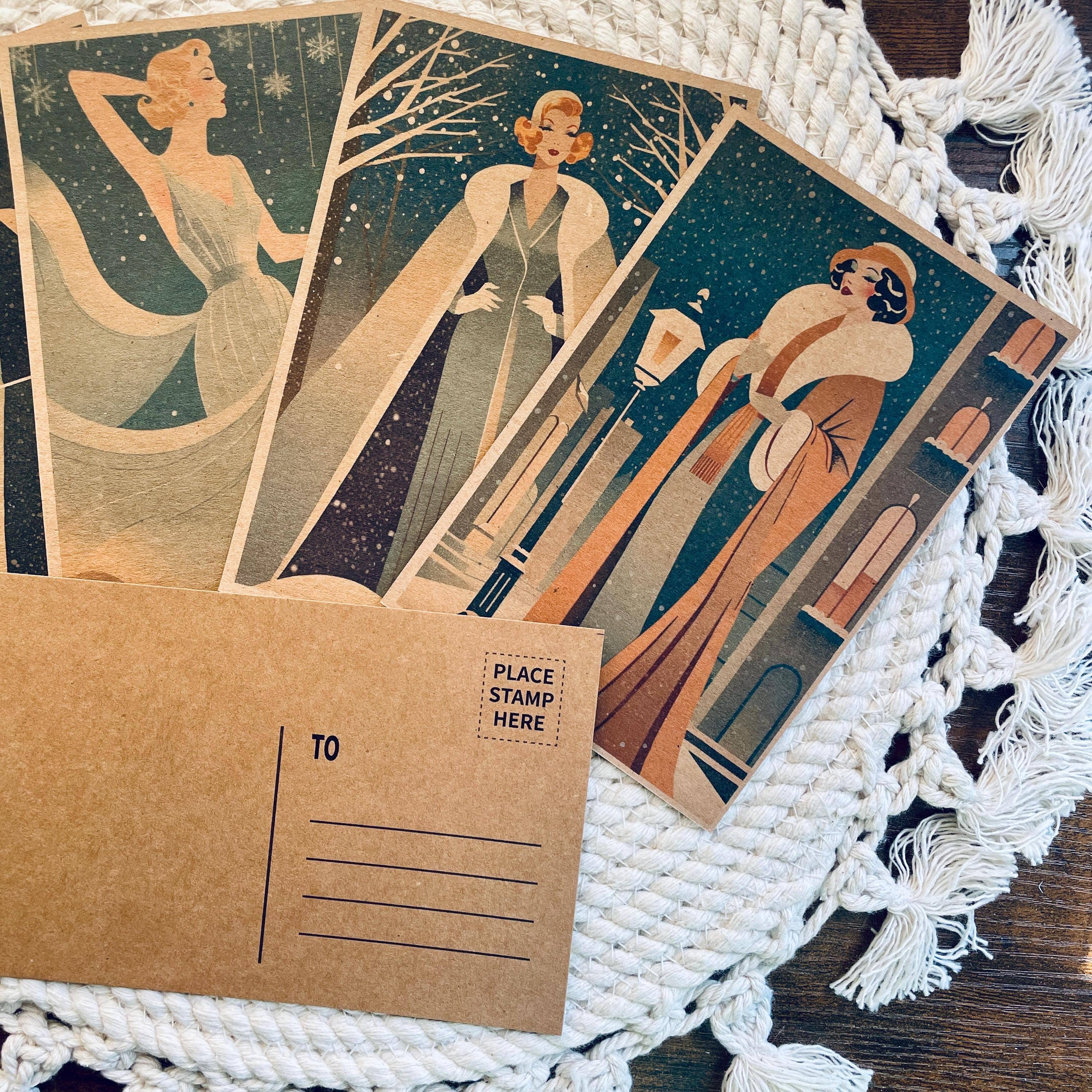 Cryptic Paper Co. - Vente Assortiment de cartes postales - Ensemble de 4 cartes postales de Noël Art déco hiver Kraft 10x15 cm9