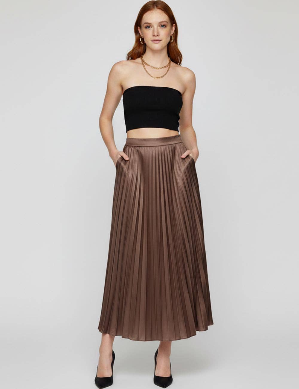 Sweetkama - Wholesale Skirt - Women's - Ladies Stain Solid Color Pleated Midi Skirt3