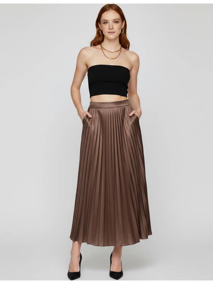 Sweetkama - Wholesale Skirt - Women's - Ladies Stain Solid Color Pleated Midi Skirt3