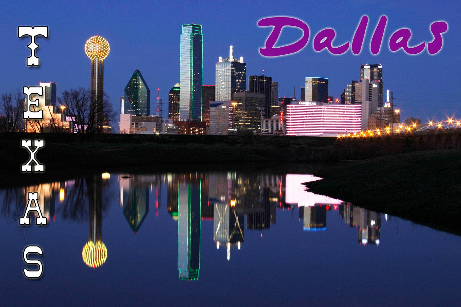 DK LaserWorx – wholesale Magnet – Fridge magnet featuring the downtown skyline of Dallas, TX with a reflection in the water0