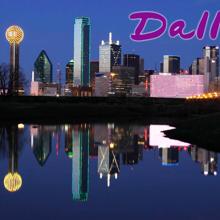 DK LaserWorx – wholesale Magnet – Fridge magnet featuring the downtown skyline of Dallas, TX with a reflection in the water