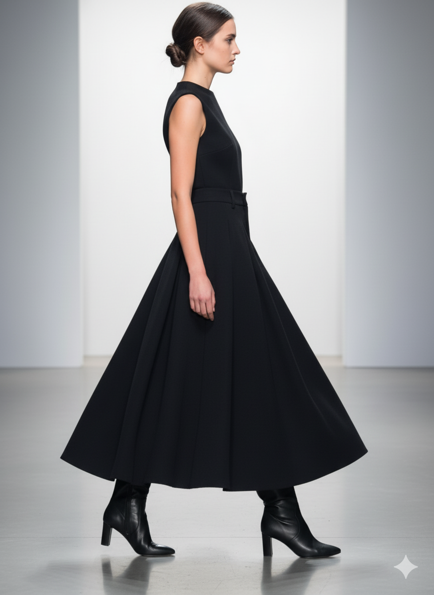 Black High Waist Pleated A-Line Skirt Wool Look Winter for wholesale on Faire2