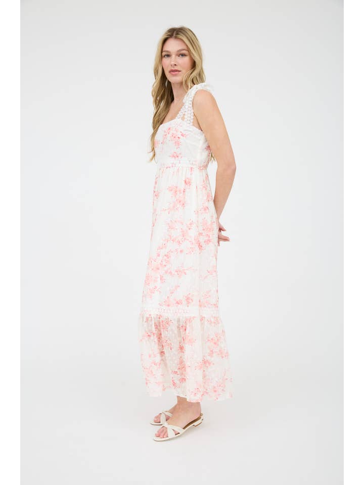 MINE - Wholesale Dress - Women's - POLKA DOT FLORAL EYELET LACE TRIM MIDI DRESS