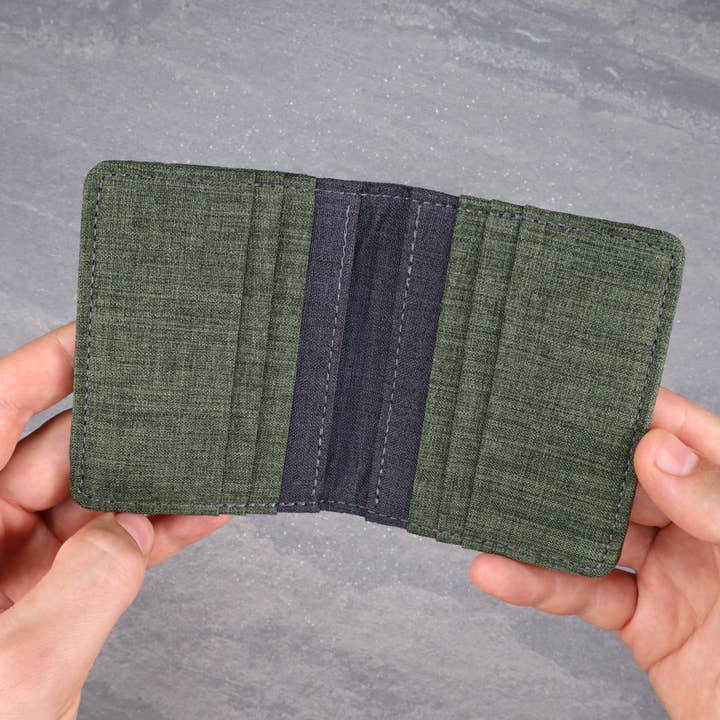 Cartera vertical plegable para tarjetas y efectivo de lona verde y gris para venta al por mayor de HOLD SUPPLY