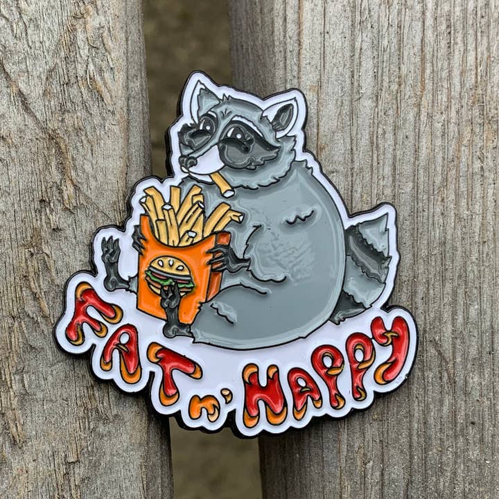Cute Little Fat Raccoon with some French Fries Enamel Pin for wholesale by Thruhalia's Art
