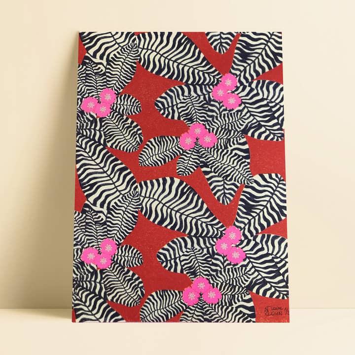 Illustrazioni risografiche rosse di primule selvatiche. Edizione limitata per la vendita all'ingrosso da parte di Claire Colin