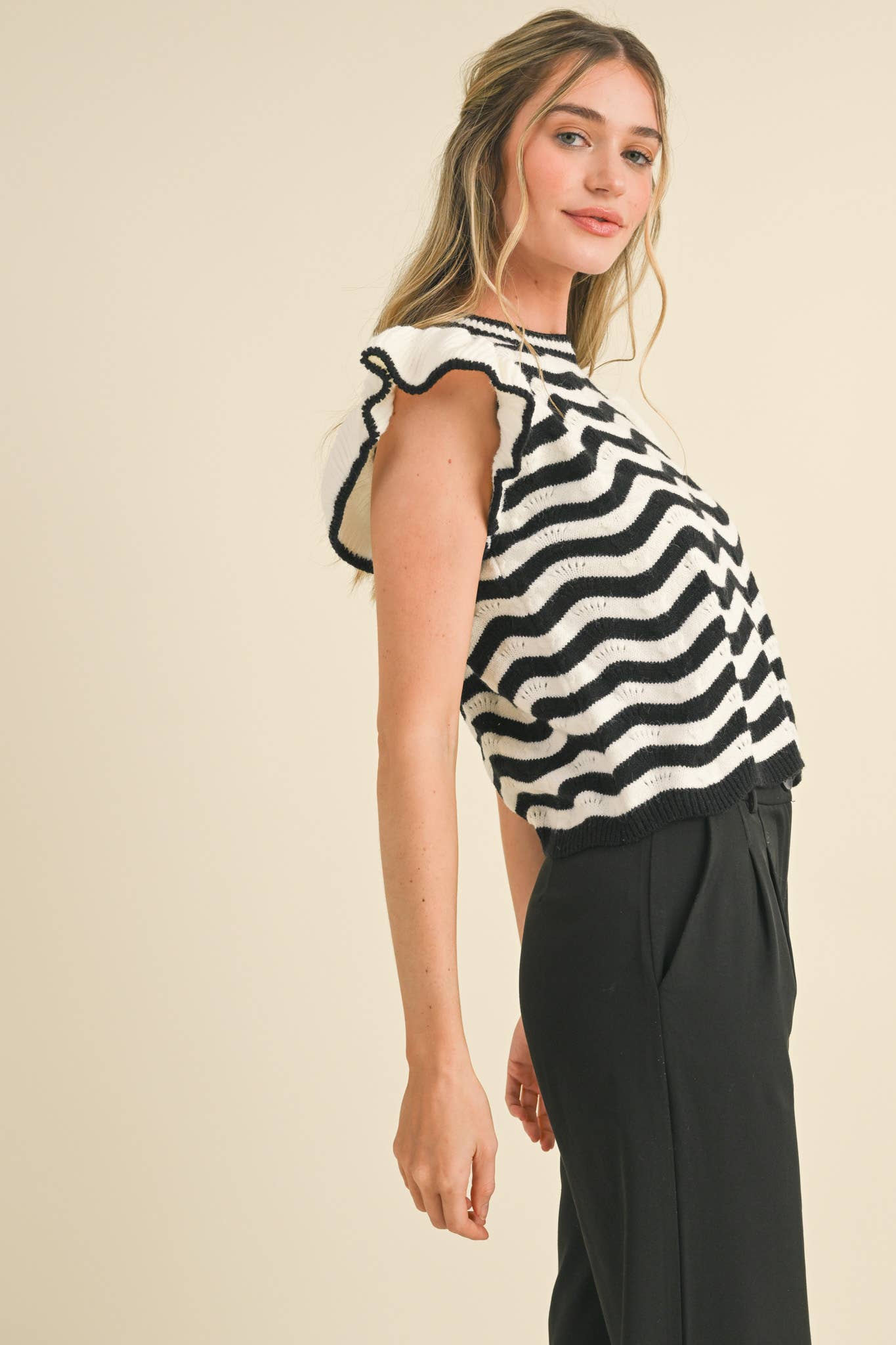 &MERCI - Wholesale Knit Sweater - Women's - WAVY STRIPES FLUTTER SLEEVE SWEATER TOP MSW105097