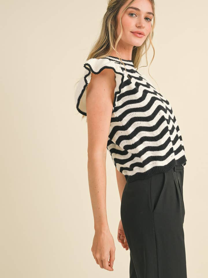 &MERCI - Wholesale Knit Sweater - Women's - WAVY STRIPES FLUTTER SLEEVE SWEATER TOP MSW105097