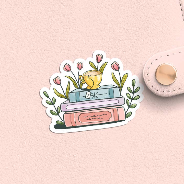 Cosy Book Pile and Teacup Sticker, Flower Bookish Decal, for wholesale by Jasmine Allan Studio