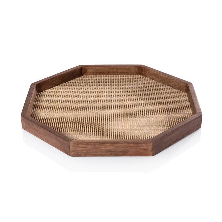 Plateau en bois de manguier avec incrustation de rotin pour la vente par Zodax