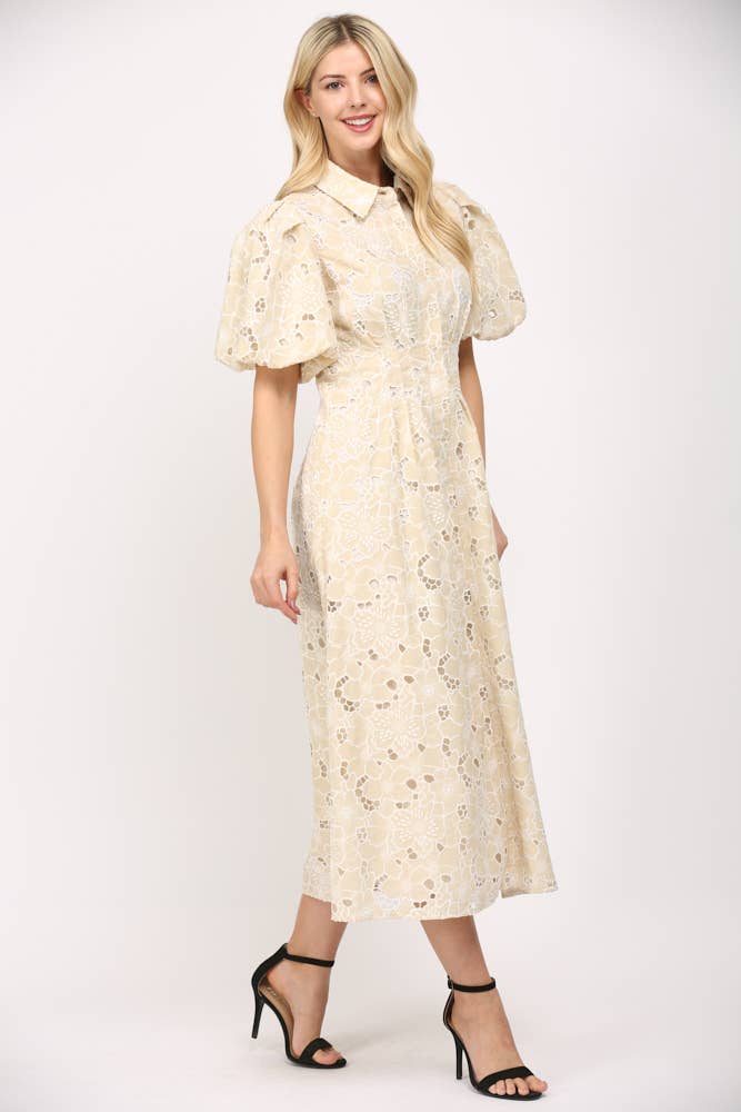 FATE - Wholesale Dress - Women's - PLEATED WAIST HALF BUTTON DETAIL EYELET LACE DRESS FD354636