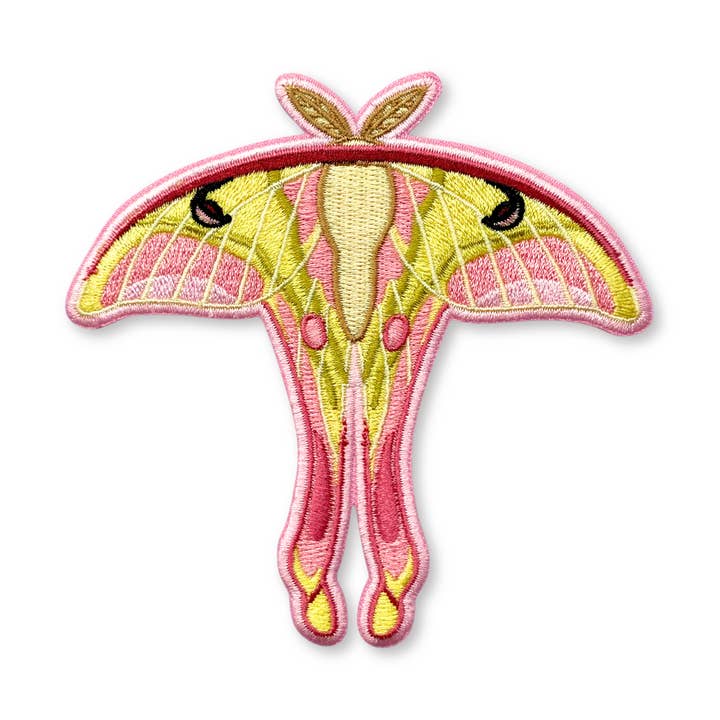 Pink Spirit Moth Iron-On Embroidered Patch for wholesale by Allison Stoiser Art