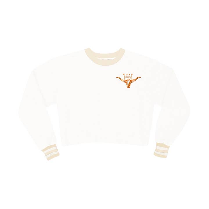 The Burnt Orange x White Ladies Varsity Sweatshirt for wholesale by Stadium Shoppe & Co