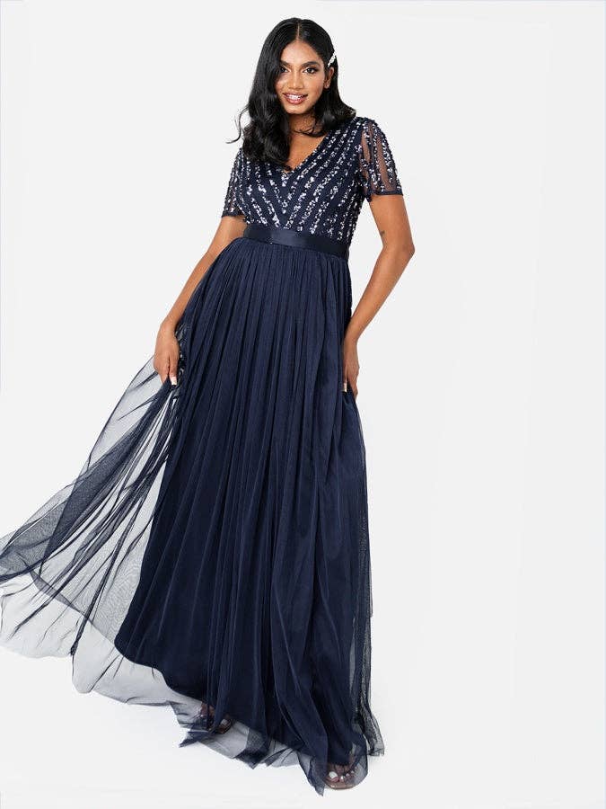 Maya Navy Stripe Embellished Maxi Dress With Sash Belt for wholesale by Plaza Collection Ltd
