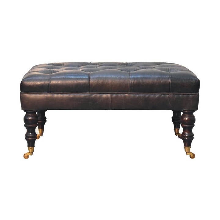 Buffalo Ash Black Leather Ottoman with Castor Legs for wholesale by Artisan Furniture