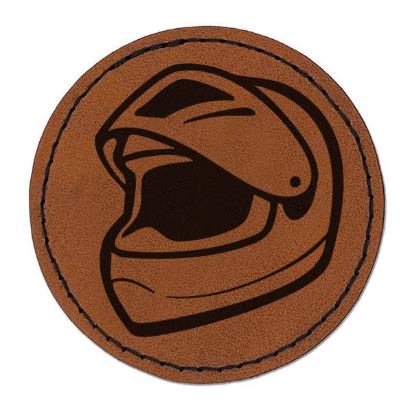 Motorcycle Helmet With Visor Protection Round Iron-On Engraved Faux Leather Patch Applique - 2.5 Inch for wholesale by Sniggle Sloth