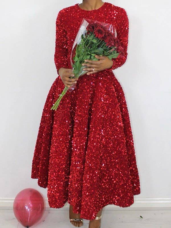 Aria Romance - Wholesale Dress - Women's - Round neck long sleeve solid color sequin high waist style mid-length dress dress