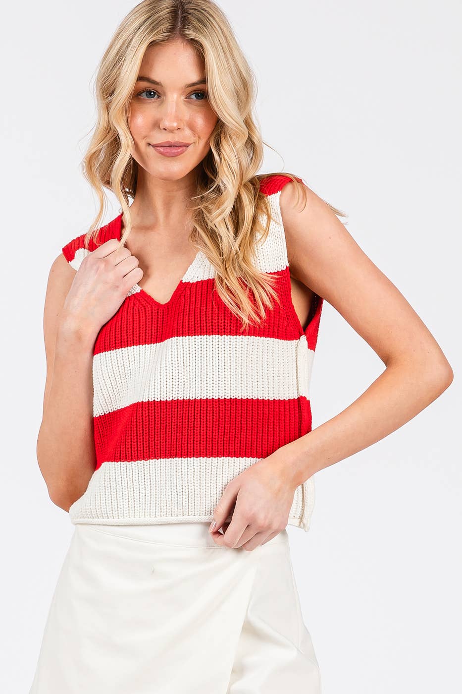 mittoshop - Wholesale Sweater Vest - Women's - STRIPED V-NECK CROPPED SWEATER VEST TOP12