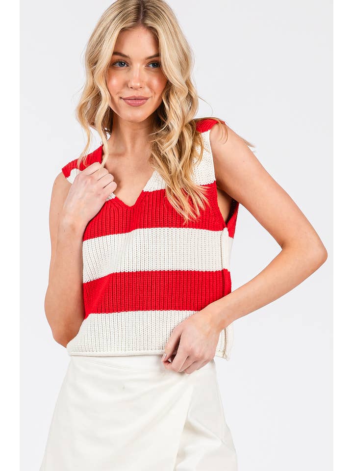 mittoshop - Wholesale Sweater Vest - Women's - STRIPED V-NECK CROPPED SWEATER VEST TOP12