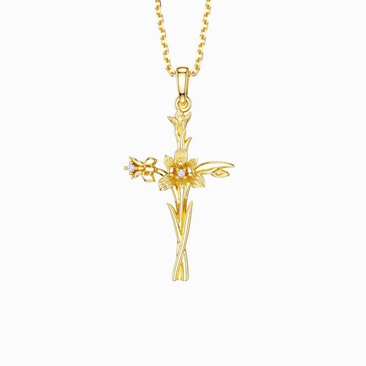 Floral Cross February Iris Pendant Necklace for wholesale by Vanimy Jewelry