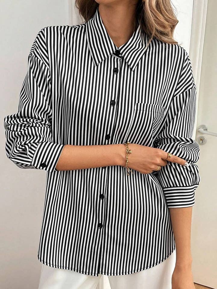 STRIPE A striped printed long-sleeved shirt with a bow for wholesale on Faire5