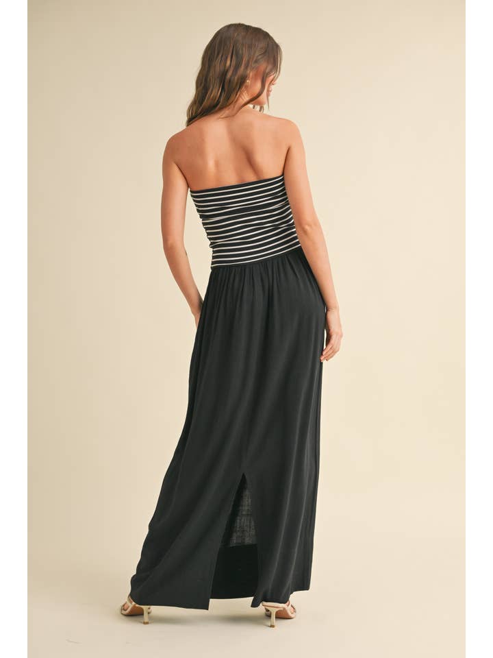 MIOU MUSE - Wholesale Dress - Women's - D4681 STRIPE RIBBED TOP WITH LINEN DRESS