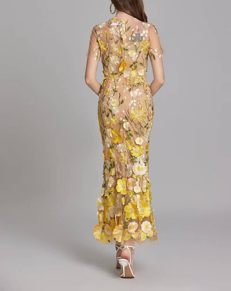 Productseeker - Wholesale Formele jurk - Dames - DR0270Y elegante avondjurk met bloemen in mesh en visstaart2