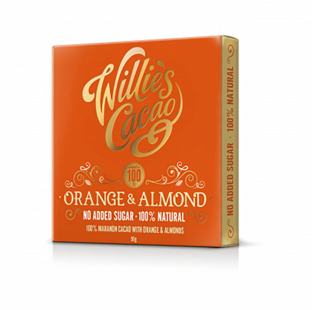 Willie's Cacao – wholesale Chocolate bar – Orange & Almond. 100% cacao. No Added Sugar. Vegan. 50g bar