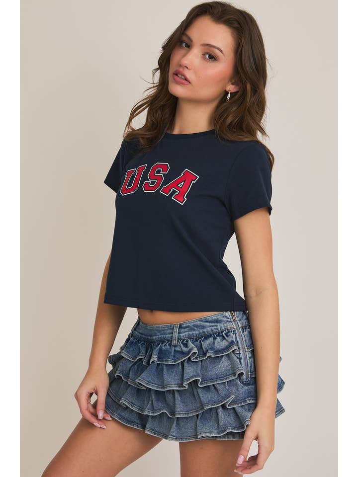LE LIS - Wholesale Screen Printed T-Shirt - Women's - "USA" GRAPHIC SHORT SLEEVE CREW NECK BABY TEE