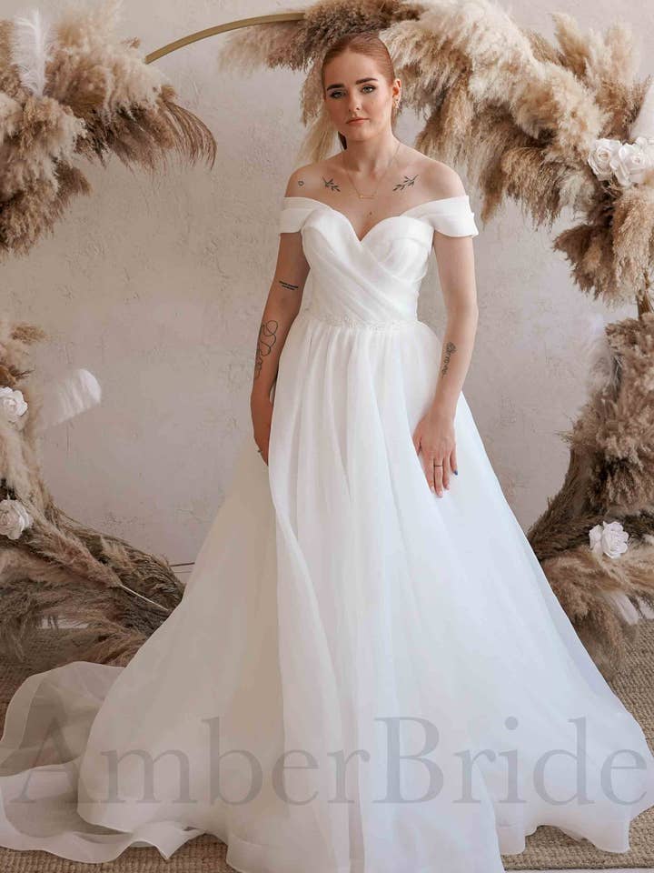 A Line Organza Wedding Dress with Off Shoulder Sweetheart Neckline for wholesale by Amber Commerce Group, MB