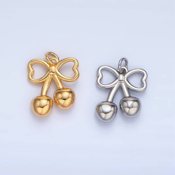 24K Gold Filled Mini Cherry Bow Ribbon Multidimensional Charm in Gold & Silver | N1345 for wholesale by Aim Eternal