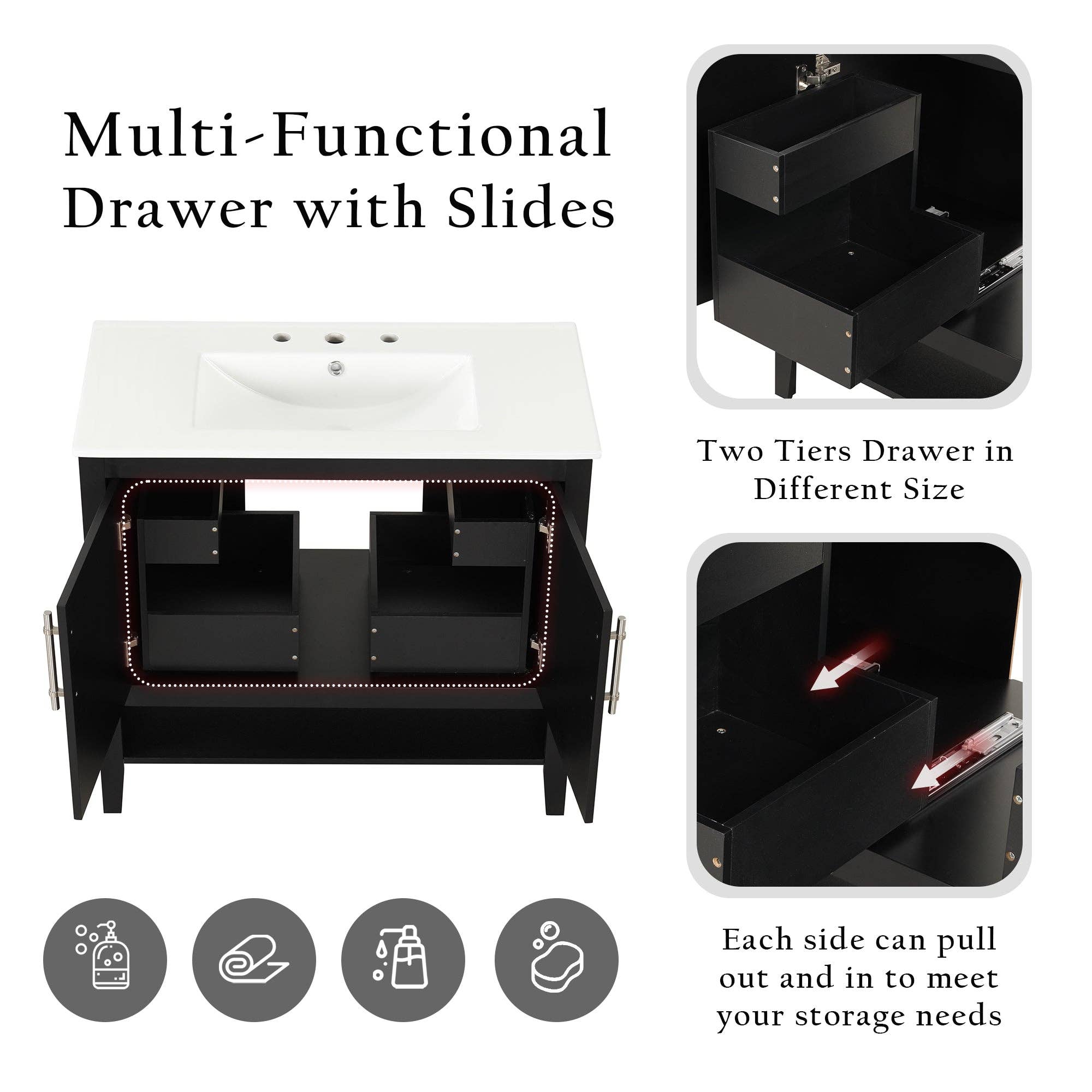 Orange County Decor - Wholesale Cabinet - 36" Bathroom Vanity With Sink, Multi Functional Bathroom Cabinet With Doors And Drawers, Mdf Frame And Mdf Board, Black Black Solid Wood Mdf10