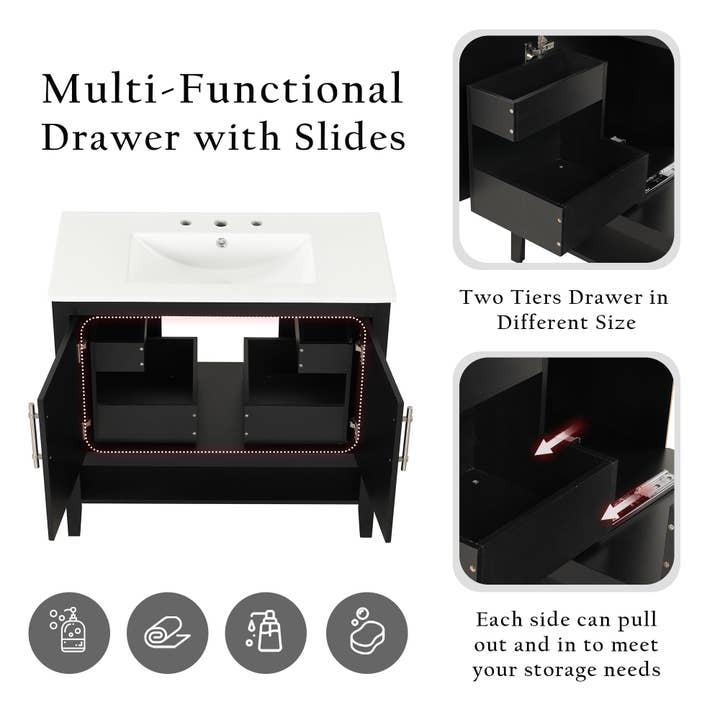 Orange County Decor - Wholesale Cabinet - 36" Bathroom Vanity With Sink, Multi Functional Bathroom Cabinet With Doors And Drawers, Mdf Frame And Mdf Board, Black Black Solid Wood Mdf10