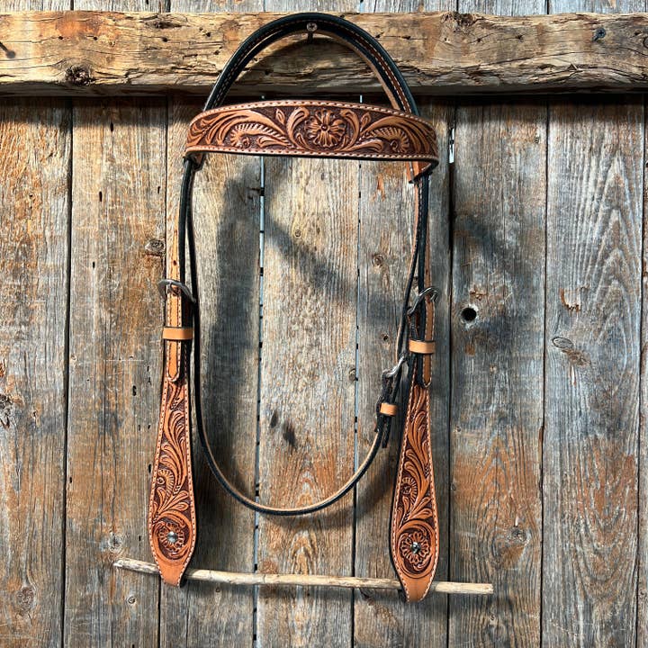 Light Oil Floral Tooled Buckaroo Style Browband Headstall / Bridle for wholesale by Rodeo Drive