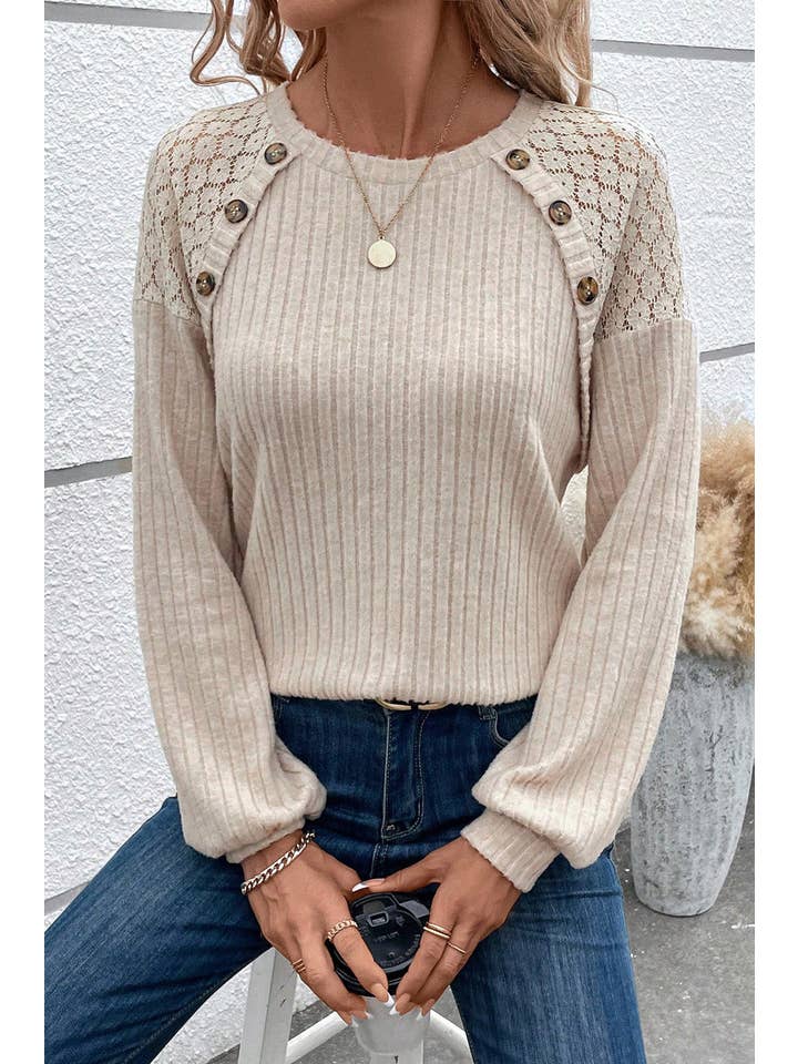 Parchment Ribbed Lace Raglan Sleeve Top for wholesale on Faire