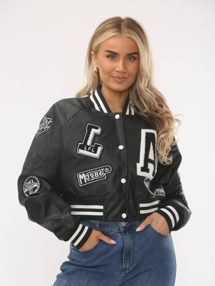Faux Leather Cropped Varsity Bomber Jacket for wholesale by J5FASHION