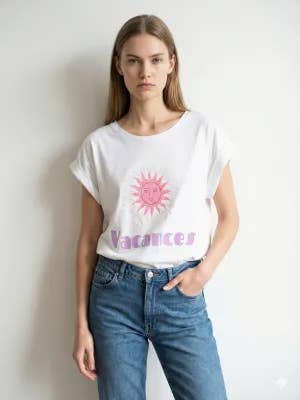 T-shirt in cotone stampato con scollo rotondo e maniche risvoltate, taglia unica per la vendita all'ingrosso da parte di Mimi & Gogo