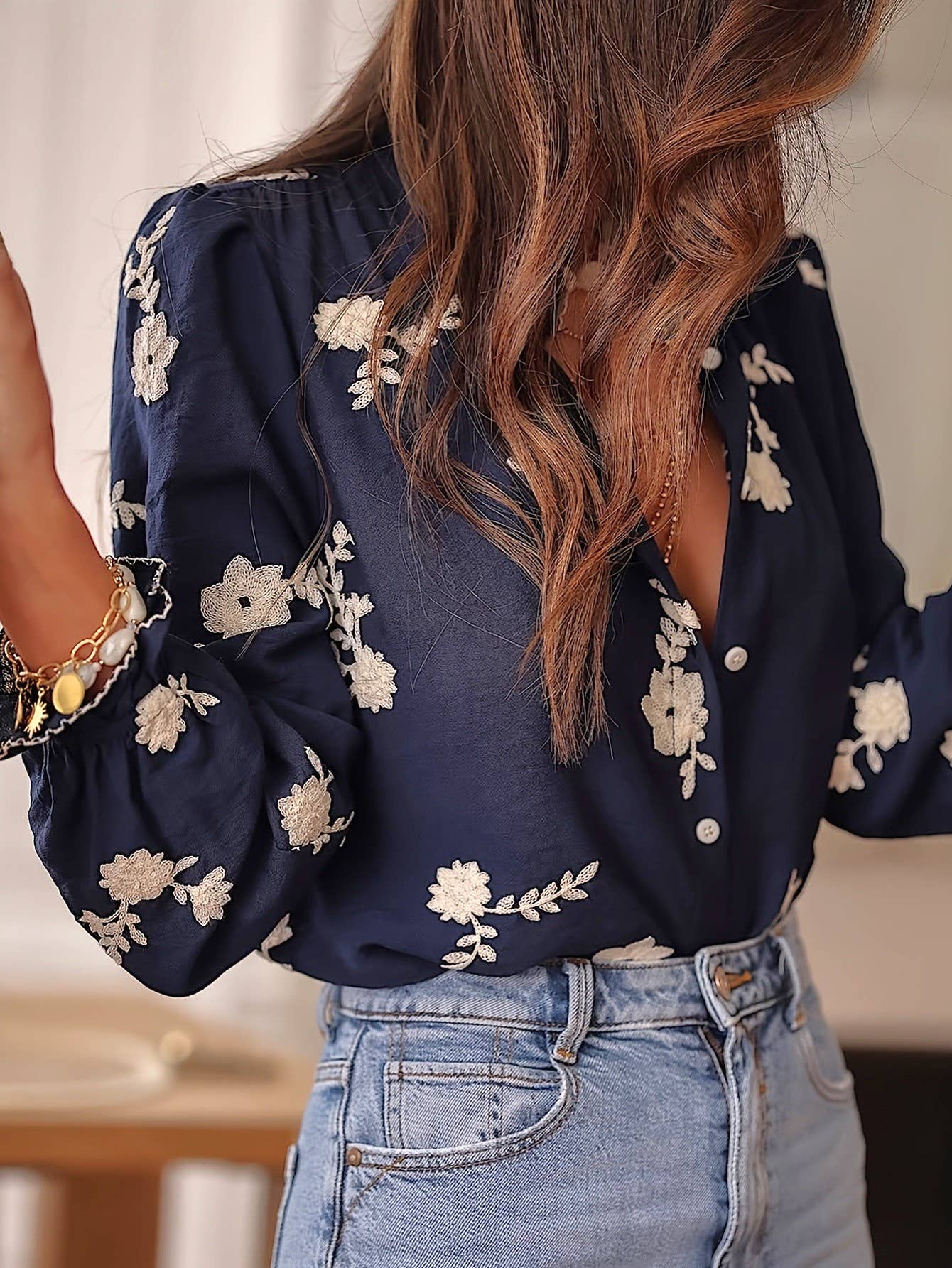 NavyBlue Boho Midnight Ecru Floral Ruffled Blouse for wholesale on Faire