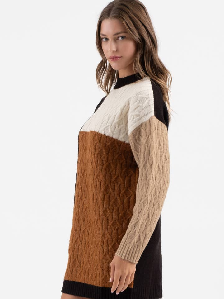 Blu Pepper - Wholesale Dress - Women's - COLORBLOCK CREWNECK LONG SLEEVE KNIT SWEATER DRESS
