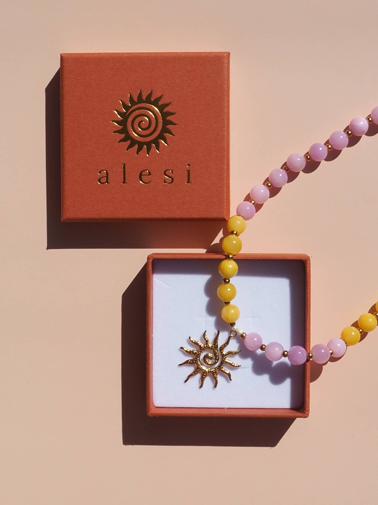 Alesi Jewellery - Wholesale Pendant/charm necklace - Spiral Sun Pink and Yellow Beaded Gemstone Necklace 1