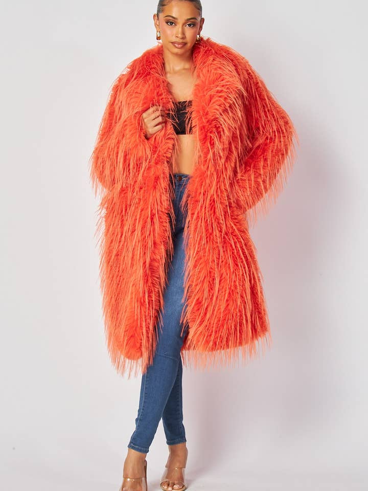 Orange Luna Shaggy Faux Fur Lapel Collar Coat (HDJ30779) for wholesale on Faire